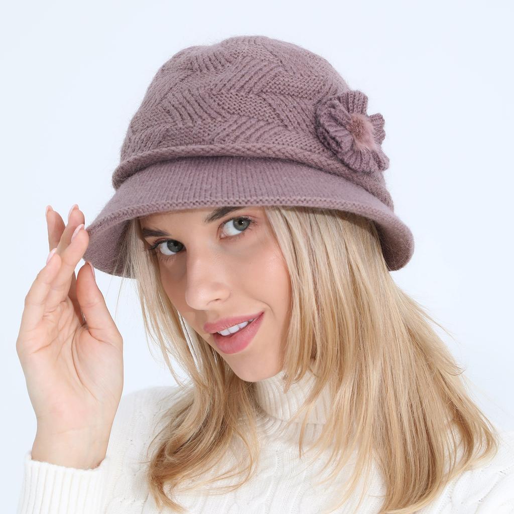 Knitted Hat New Women's Autumn and Winter Flower Fashion Mom Rabbit Wool Basin Hat Plus Velvet Thickened Warm Hat