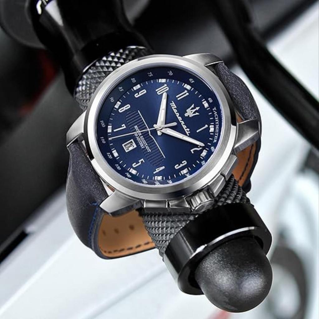 Maserati Мужские кварцевые часы серии Successo R8851121003, 44 мм, синий циферблат с гильошированием "солнечные лучи", кожаный ремешок, водонепроницаемость 50 м, календарь, 2-летняя гарантия