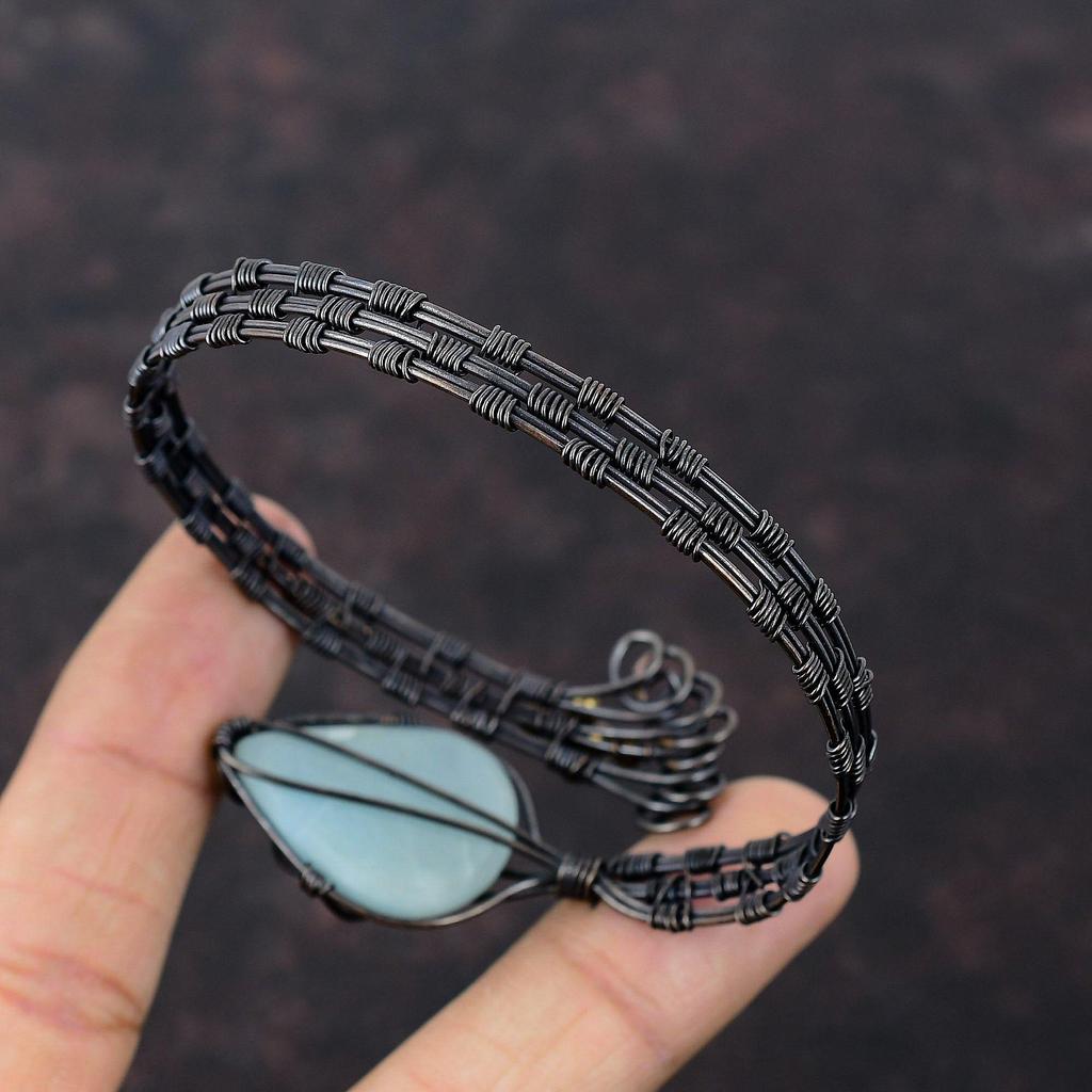 Аквамарин Браслет-манжета Медная проволока Обернутый браслет Драгоценный камень Регулируемый браслет-манжета Браслет ручной работы Медная проволока Ювелирные изделия Подарки на годовщину