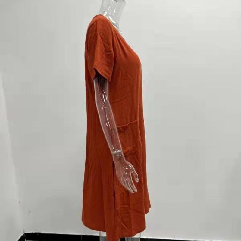 Летние новые свободные платья больших размеров из хлопка и льна, женские однотонные повседневные платья с круглым вырезом и короткими рукавами, женские трапециевидные элегантные винтажные женские платья 24463