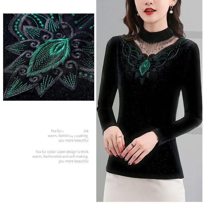 Осень-зима, новые кружевные футболки, сетчатая рубашка с высоким воротником и низом для женщин, пуловеры с длинными рукавами, топ M-5XL