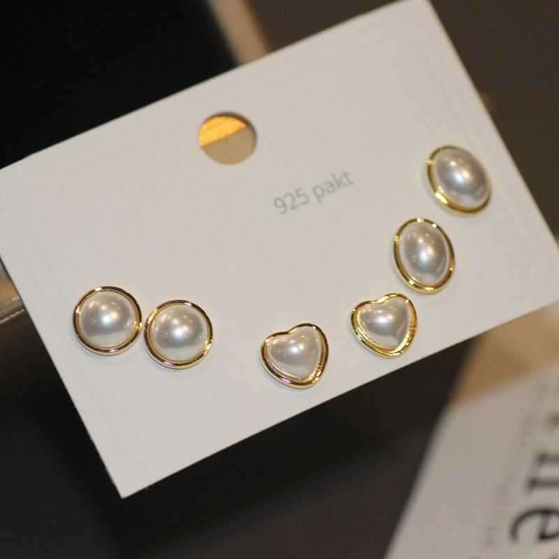 Gold Tone Stud Earrings Set 3 Pairs Weekly Wear Elephant Pearl Design Micro Inlaid Women Jewelry