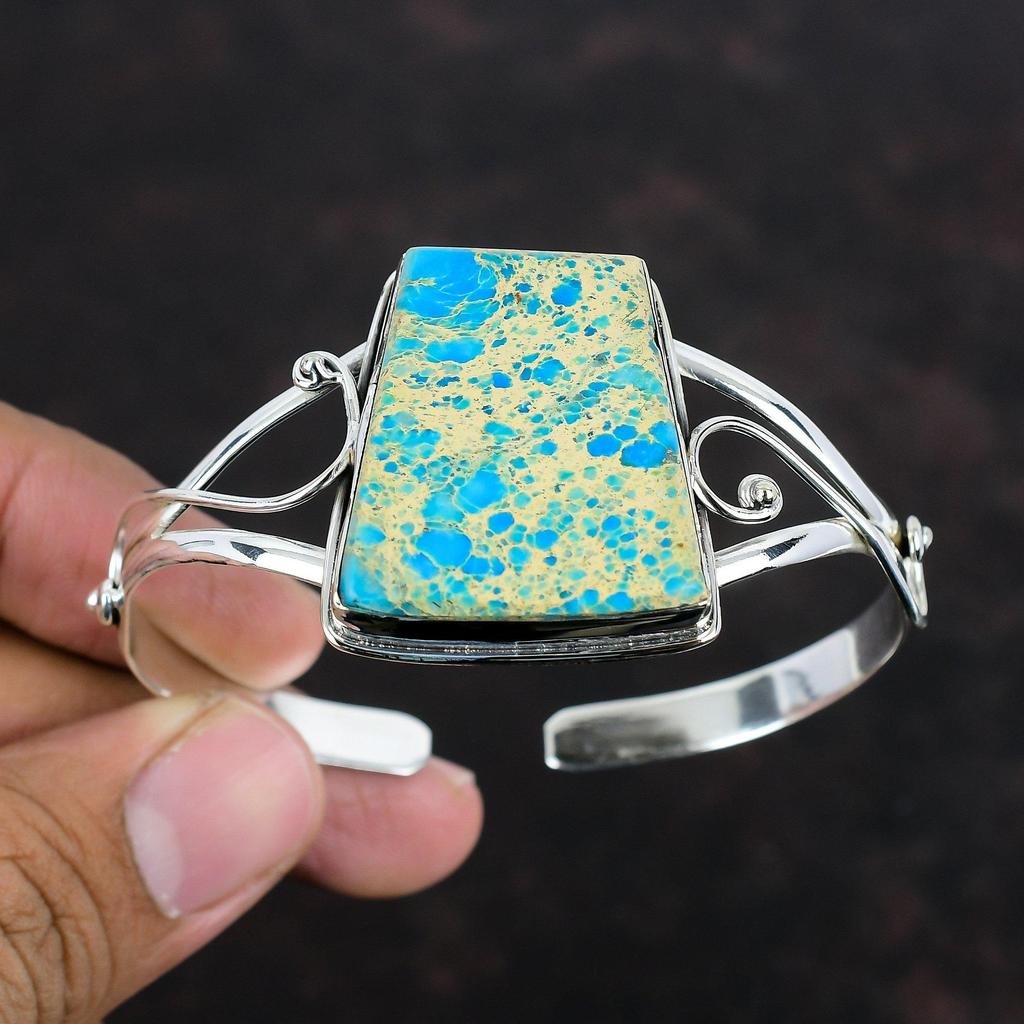 Blue Sea Sediment Jasper Cuff Bracelet 925 Sterling Silver Adjustable Bangle Handmade Jewelry Natural Gemstone Cuff Bracelet Gifts For Wife