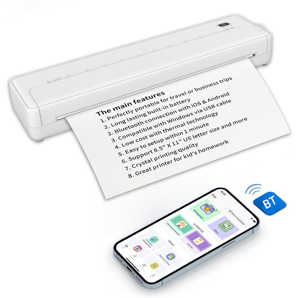 Портативный термопринтер формата А4 с разрешением 203 точек на дюйм, беспроводной мобильный принтер для печати этикеток без чернил, емкостью 100 листов бумаги для смартфона и ПК