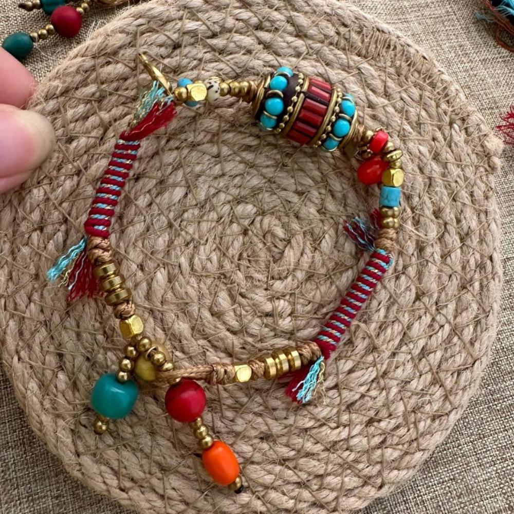 Регулируемый плетеный браслет из вощеного шнура с медными бусинами, плетеный браслет в древнем стиле, этнический браслет для девочек