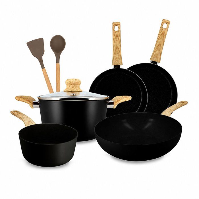 Batterie de cuisine induction - MENASTYL - Colorama Noir - Aluminium recyclé - Revêtement antiadhésif - 9 pièces - Design moderne