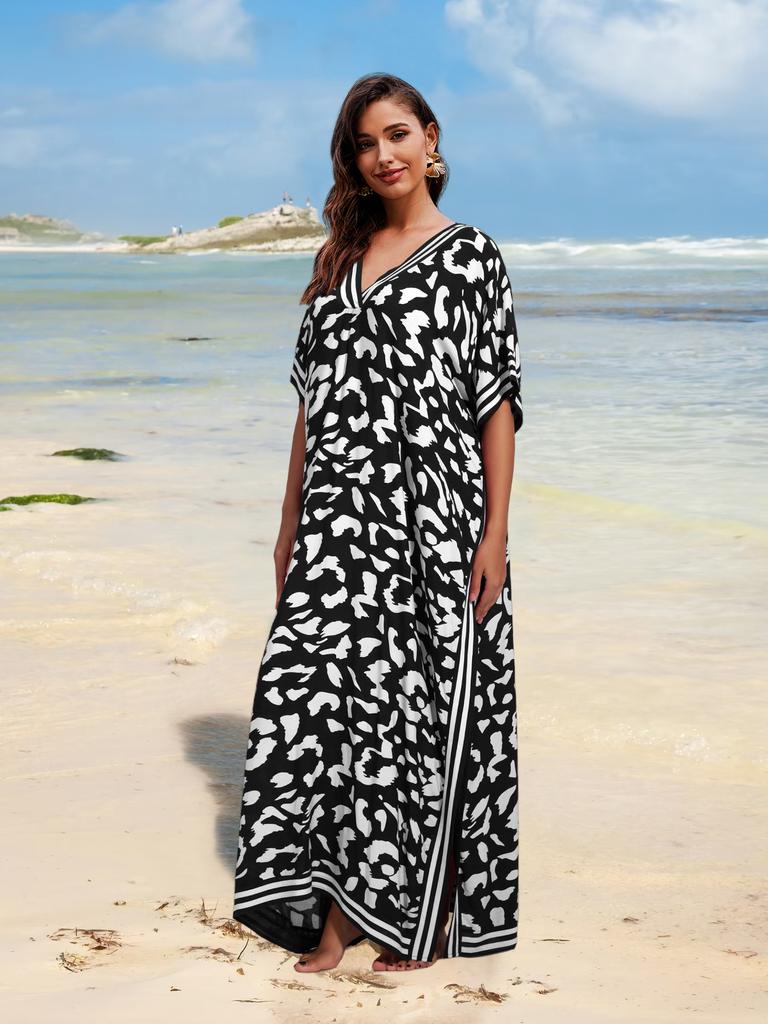 Beach Cover Ups for Swimwear Leopard Printed Maxi Dress Summer Holiday Bathing Suits Factory Supply