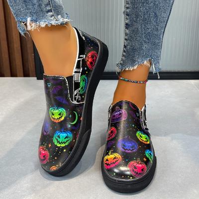 Модные туфли на плоской подошве с принтом на Хэллоуин для женщин в Европе и Америке 2024 г. Новые повседневные туфли на толстой подошве с тыквой Большие кроссовки 36-43