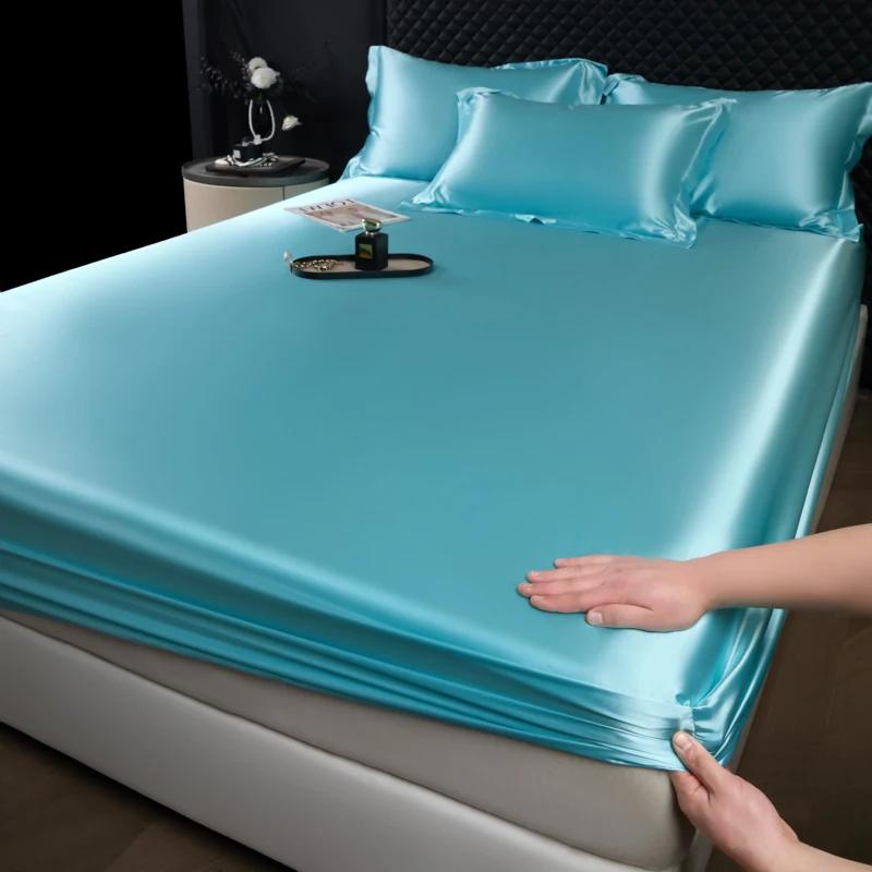 1 шт. Сатин Эластичная Натяжная Простыня Однотонный Чехол на Матрас для Односпальной Двуспальной Двуспальной Кровати King Queen Full Twin Простыня Сатин Постельное Белье