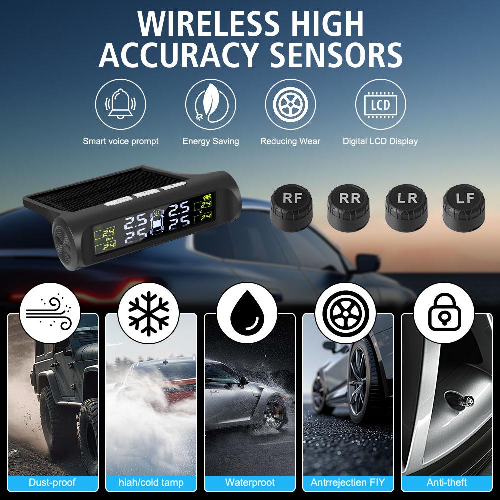 Solar TPMS Digital Display Car Tire Pressure Monitoring System Tyre Temperature Monitor Auto Security Alarm 4 TPMS Sensors