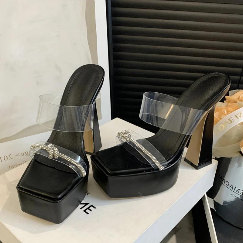 Модные женские шлепанцы Eilyken дизайнерские на платформе с кристаллами, модные прозрачные ПВХ, с квадратным носком, на массивном высоком каблуке, шлепанцы