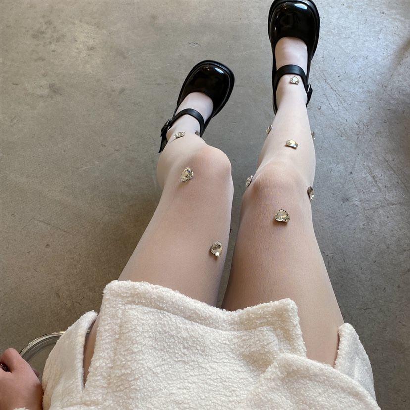 Unique Design Handmade Rhinestone Heart Coveralls Socks - Cool & Sweet Thin Exquisite Silk Pantyhose for Women, White Anti - Snag Stockings