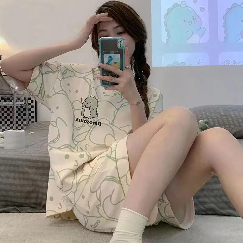 Пижама женская с короткими рукавами, короткий милый ветровой костюм, школьная пижама с рисунком медведя, с короткими рукавами, верхняя одежда, домашняя одежда