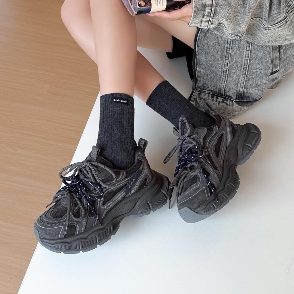 Платформенные кроссовки dad shoes женские кожаные 2025 осень новые универсальные увеличивающие рост повседневные спортивные туфли ins нишевый дизайн
