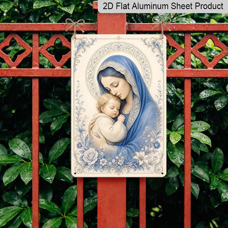 2D Flat Christmas Virgin Mary Nativity Scene Blue Floral Vintage Metal Sign - 8.0x12.0inch Aluminum Wall Art, Catholic Religious Holiday Wall Decor