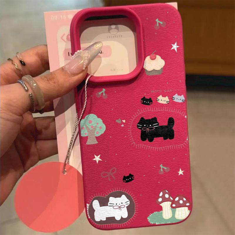 Чехол для телефона из мягкого материала с текстурой личи для Apple 17 Pro Max, 16 Pro, 15, 14 - Дизайн «Котенок с тортом»