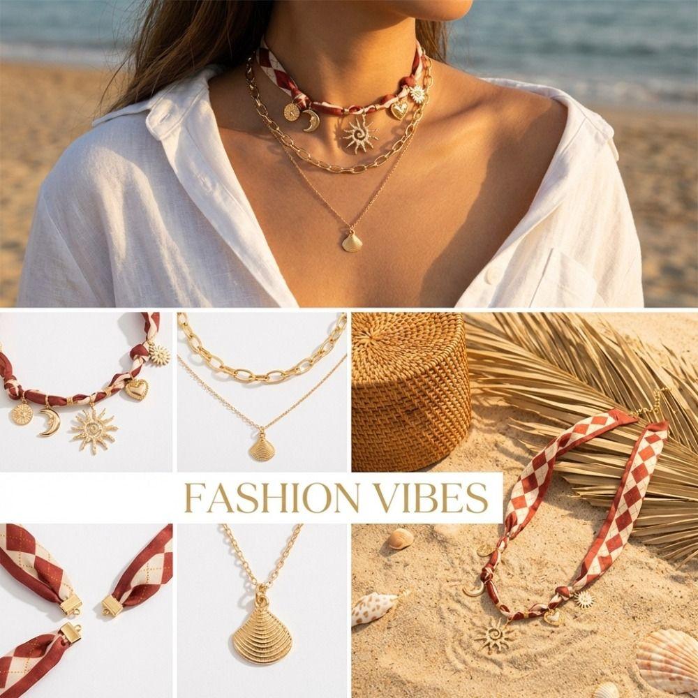 Leopard Print Conch Starfish Necklace Seashell Beads Chain Choker Scarf Necklace Gold Jewelry