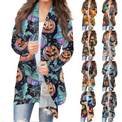 Женский модный повседневный кардиган средней длины с принтом на Хэллоуин, куртка, пальто
