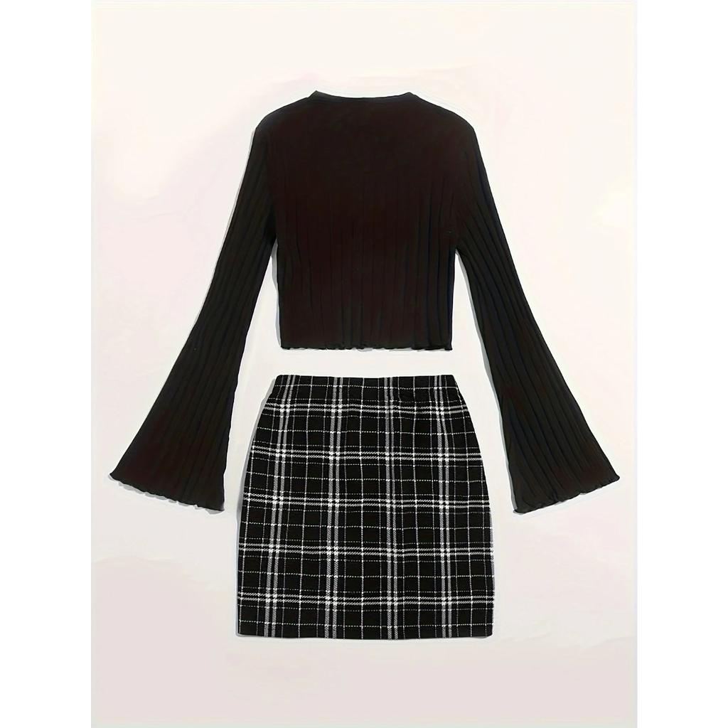 Повседневный комплект из двух частей юбки с цветными блоками, топ с круглым вырезом и длинными рукавами и клетчатые юбки, женская одежда