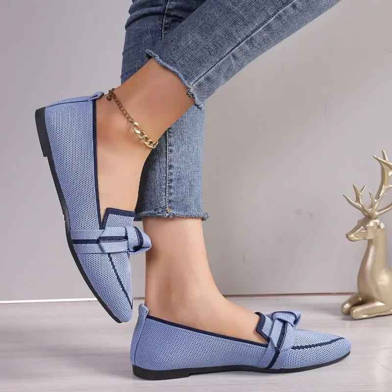 Women's Pointed Toe Flat Shoes Mixed Color Knitted Slip On Shoes Casual Breathable Ballet Flats Woman Flat Shoes Female Loafers
