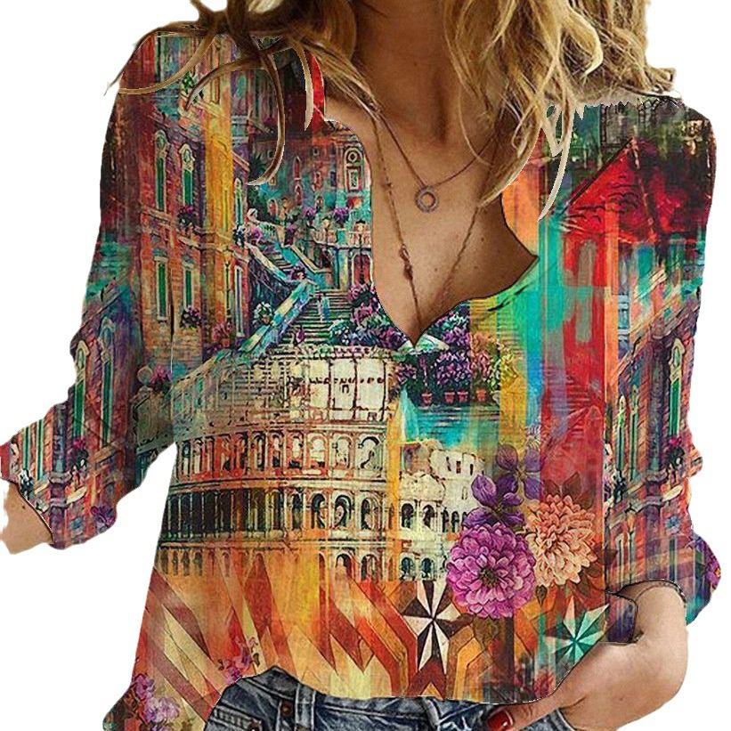lapel collar long sleeve women's shirt European and American trend new women's clothing light mature digital printing wholesale