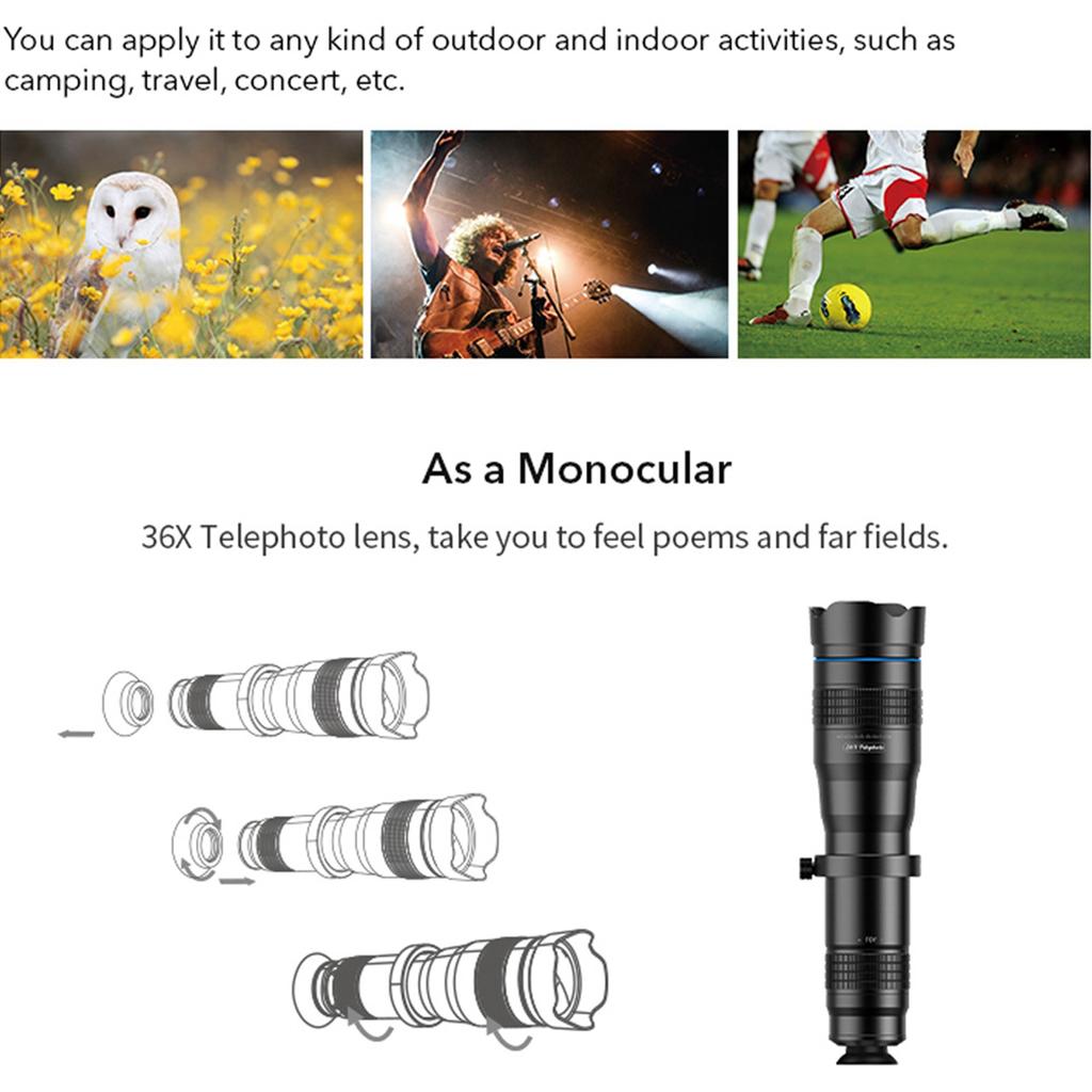 Single Tube Telescope 36X Phone Telephoto Lens with Small Tripod for Bird Watching Camping