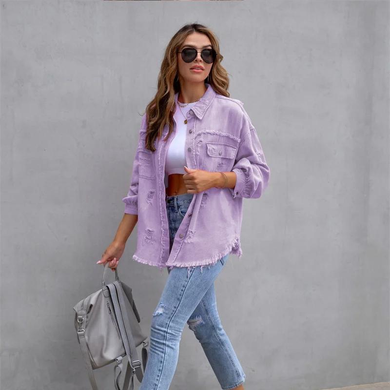 Holes Raw-edges Denim Jacket Women Spring Autumn Shirt Style Jeancoat Casual Top Rose-Red Orange Purple Outerwear Lady Coat