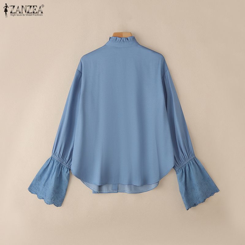 ZANZEA Женская повседневная блузка с круглым вырезом, свободного кроя, с ажурной вставкой, с длинным рукавом