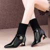 Winter Leather Knitted Elastic Boots Medium Boots Women's Thick Heel Short Boots Women's Medium Heel Wool Mouth Velvet Large Size Women's Boots