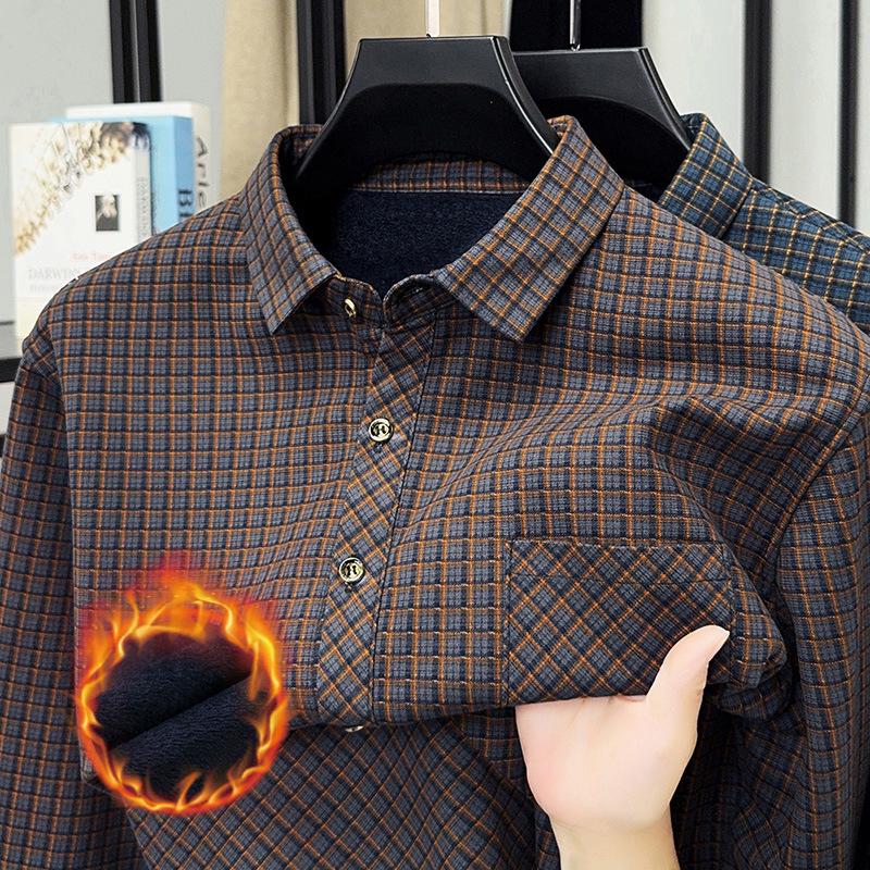 Men's Plus Velvet Plaid Long Sleeve Thick Warm Shirt Cardigan for Autumn and Winter