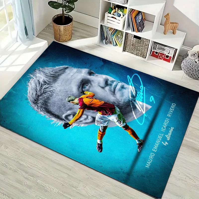 Blue Football Player Portrait Action Print Area Rug, Sports Fan Non‑Slip Floor Mat for Living Room Bedroom Home Decor