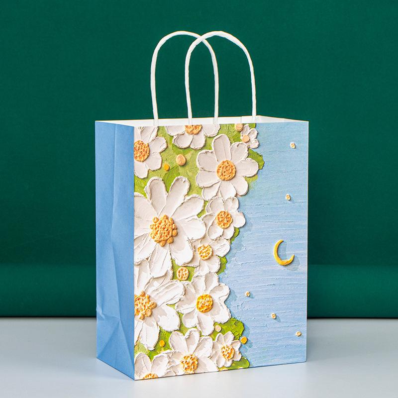 5pcs Kraft Paper Gift Bags Summer Holiday Gifts Bag Birthday Wedding Party Favor Bag Portable Gift Bag 3D Oil Painting Handbag