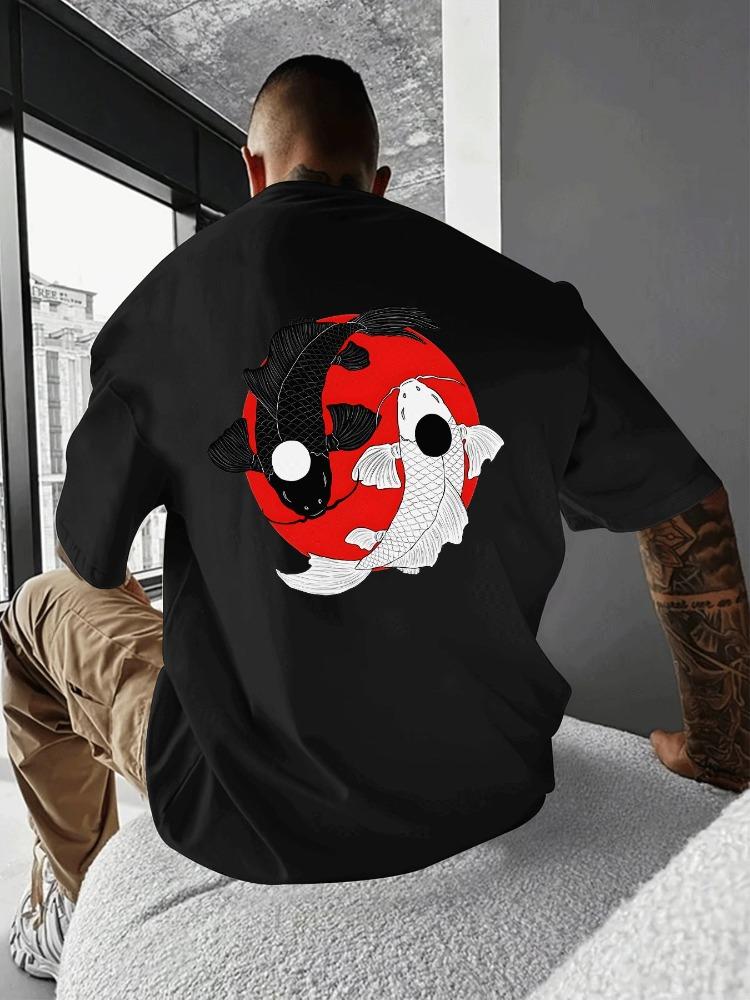 Unisex Summer Black Short Sleeve Tee Yin Yang Koi Fish Back Print Crew Neck Hip Hop Streetwear Loose Casual Male Daily Top