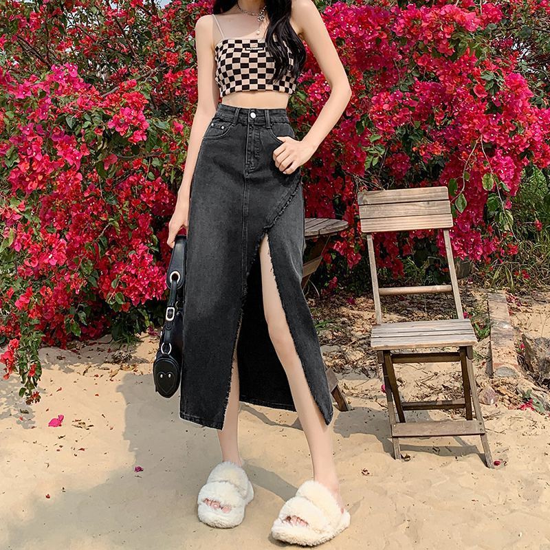 Разрез нерегулярный женский необработанный край винтажный повседневный средней длины с высокой талией А-силуэт пакет бедра юбка универсальная удобная модная джинсовая юбка-бюстье