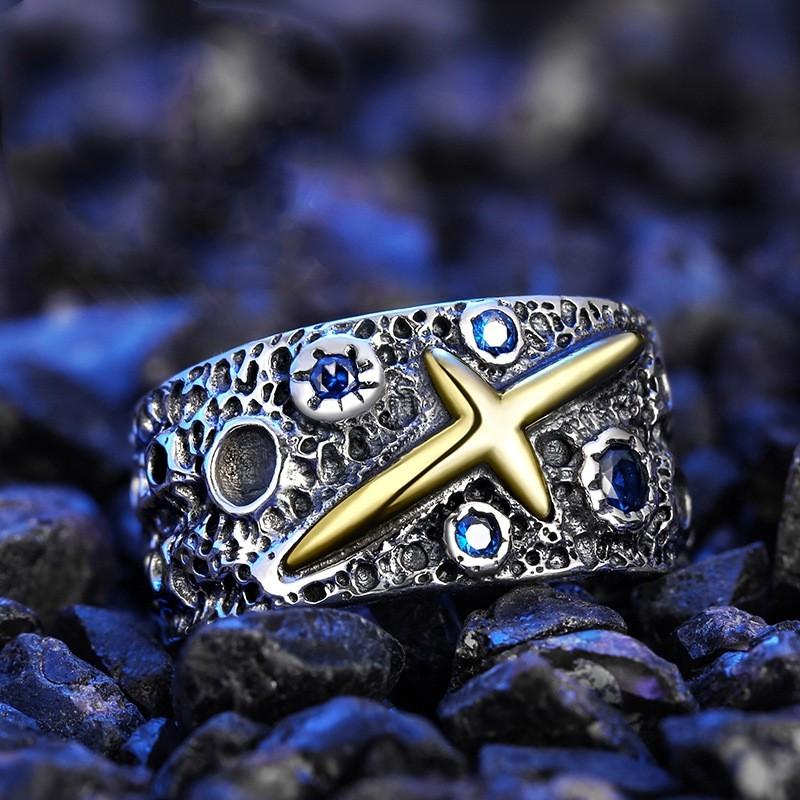 Adjustable Open Ring Men Women Copper Plated Geometric Starburst Design Vintage Style Statement Jewelry