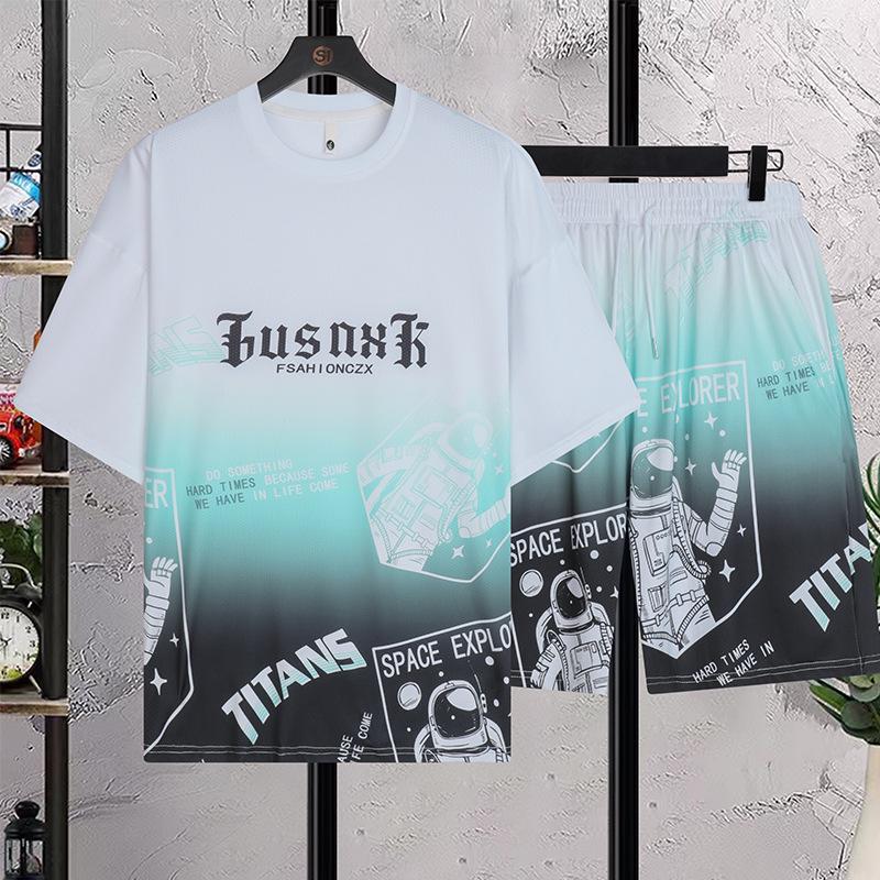 Мужские повседневные спортивные костюмы лето 2024: Короткие рукава + шорты из Ice Silk, новые молодежные стили