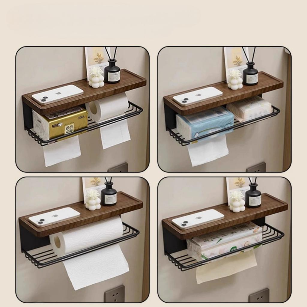 Wood Aluminum Bathroom Paper Holder with Shelf Bathroom Paper roll Holder Wall Mounted Towel Rack Toilet Paper Holder Tissue Box