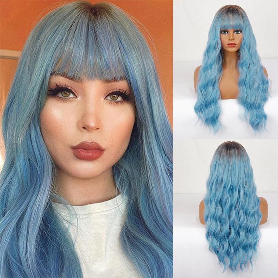 XINRAN Женский длинный волнистый парик с челкой, синтетическое волокно, естественная волна воды, черный длинный парик для повседневной носки, косплей