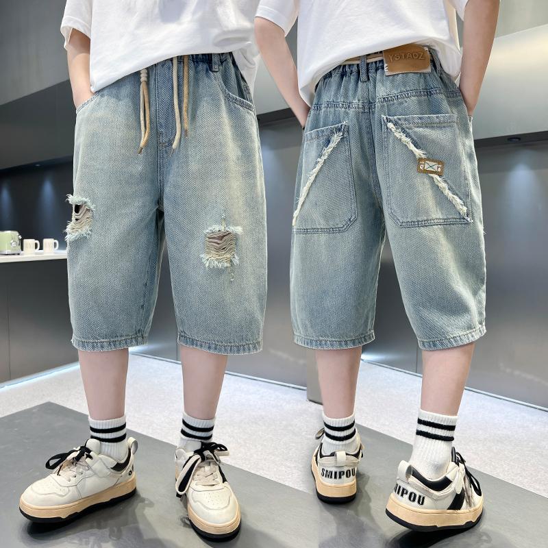 Boys' explosive streets, handsome and ripped denim shorts, new styles for children, big boys, boys, 5/7 shorts, trendy middle school students