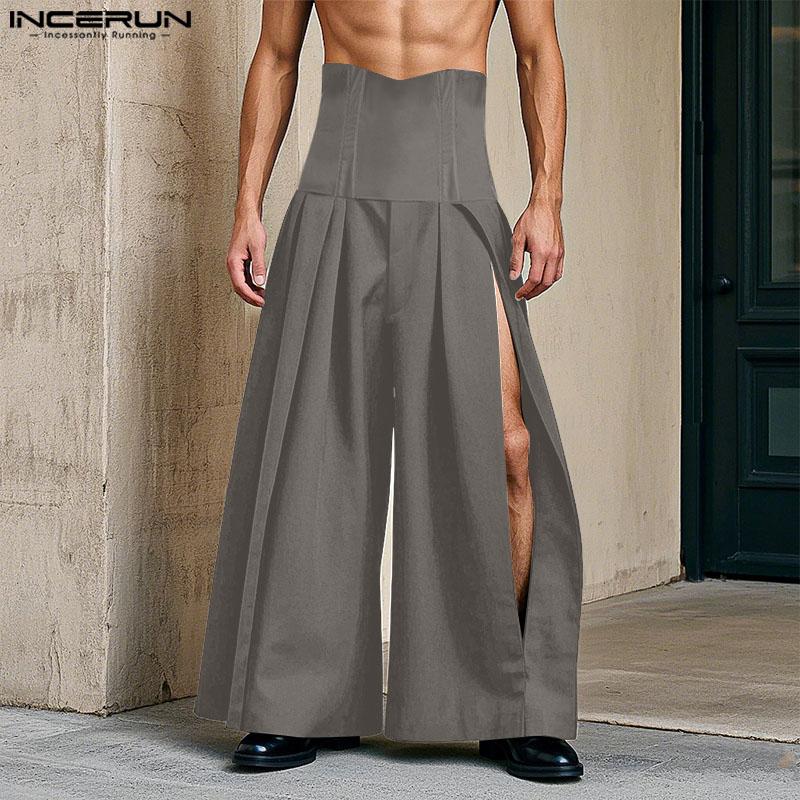 INCERUN Мужские брюки с высокой талией, на молнии, повседневные, длинные, с разрезами, широкие штанины