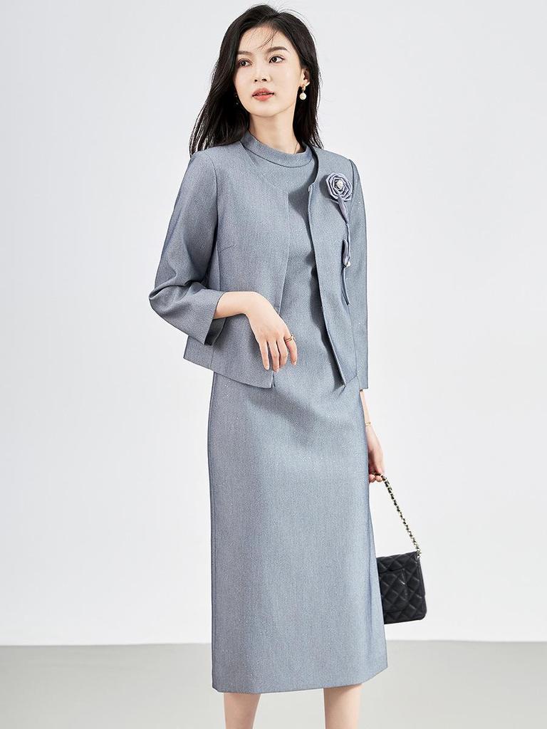 High-Quality Floral 3D Round Neck Jacket & Dress Two-Piece Set for Women