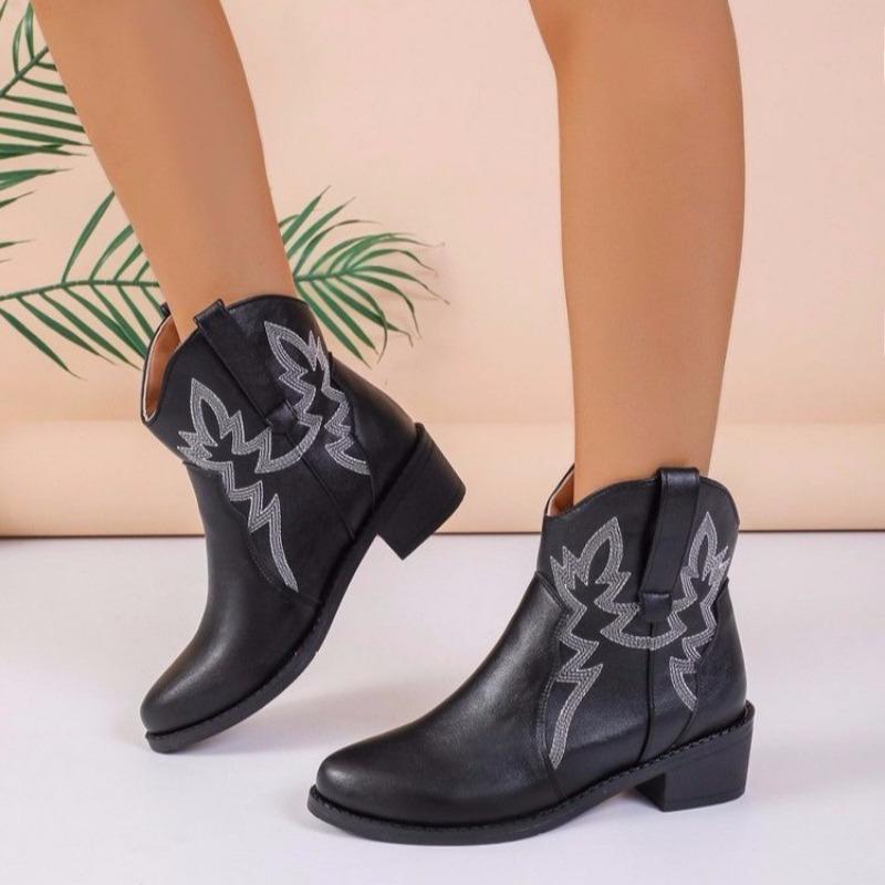 Женские сапоги в стиле вестерн 2024 года, классические женские сапоги с круглым носком, новые белые короткие сапоги с вышивкой, удобные сапоги челси на низком каблуке