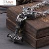 Stainless Steel Wolf Head With Square Chain Necklace Thor 'S Hammer Mjolnir Viking Necklace With Wooden Box As Boyfriend Gift