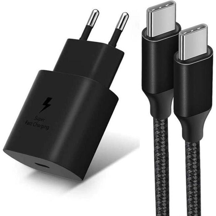 Chargeur PD 25W + Câble USB-C vers USB-C Nylon 1M pour Samsung Galaxy A16 A14 A13 A12 A03s A04s A22 A23 A24 - Noir
