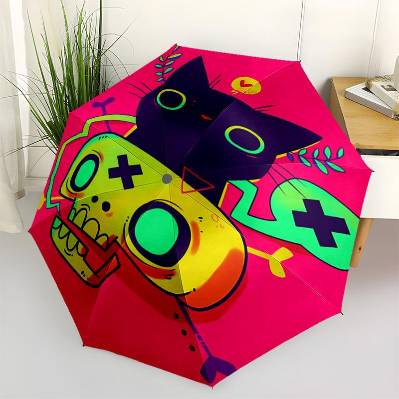 1pc Neon Cat Skull Automatic Open/Close Umbrella - Compact Travel Umbrella, 8-Rib Heavy-Duty Construction, Ideal Gift, Outdoor Accessory, 28076