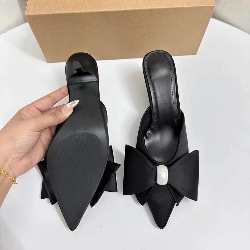 Женские туфли с искусственным жемчугом, черный большой бант, пустой заостренный носок, женские босоножки на высоком каблуке