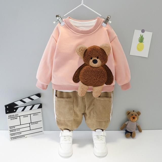 Baby Boy Clothes Autumn Winter Children's Suit Cartoon Bear Sweater + Plus Velvet Warm Corduroy Slacks Baby Two-Piece Suit