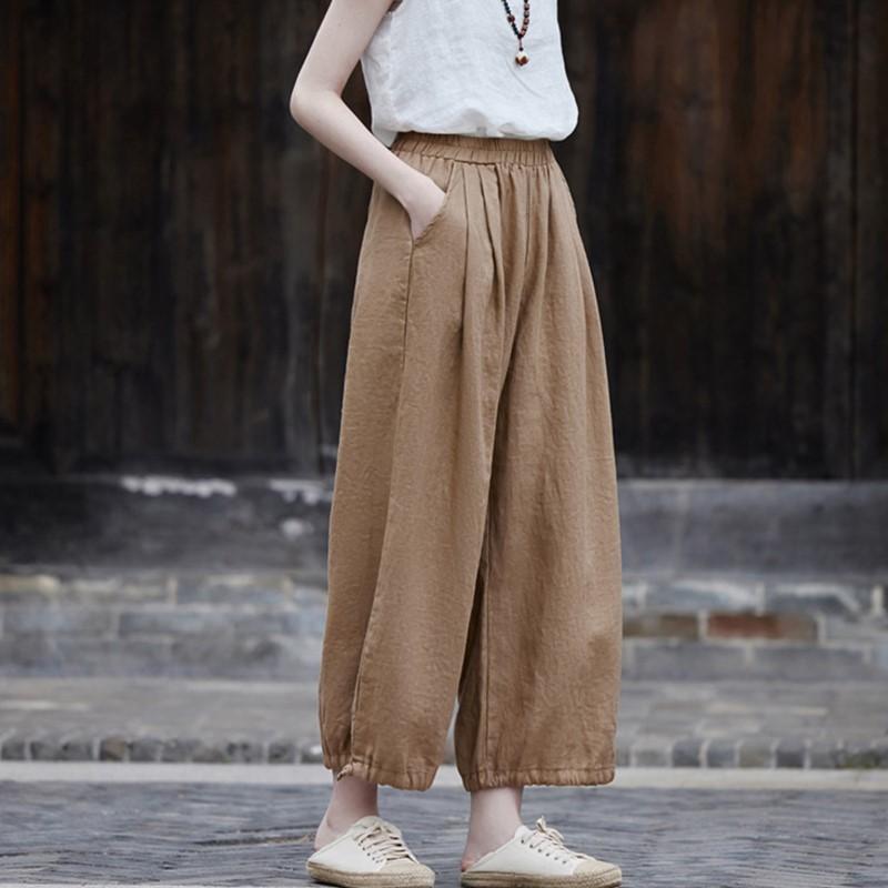 Johnature Женские прямые брюки из хлопка и льна, однотонные осенние брюки с эластичной резинкой на талии и карманами, винтажные брюки до щиколотки