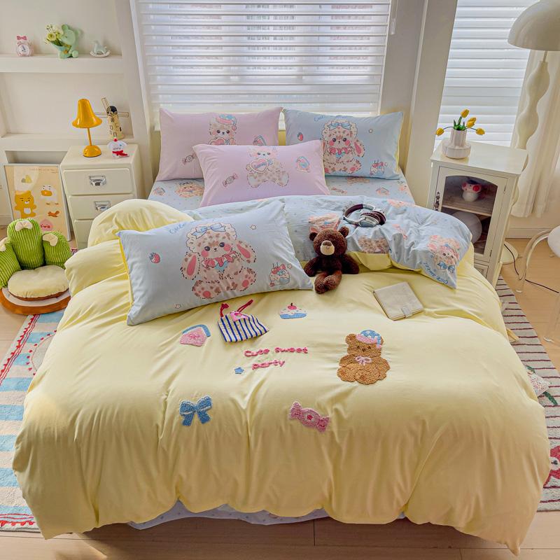 Cute Pink Cartoon Cat Towel Embroidery Girls Kids Bedding Set Soft Washed Cotton Duvet Covers Set Bed Sheet Pillowcases 3/4Pcs