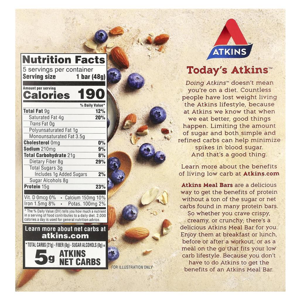 Atkins, Greek Yogurt Bars, Blueberry, 5 Bars, 1.69 oz (48 g) per bar